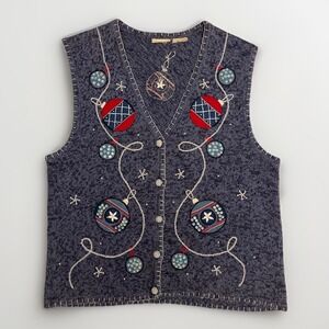 Vintage Christmas Cardigan‎ Blue Sweater Vest Ornaments Balls